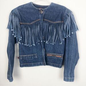PALMER E PALMER | Vintage Denim Blue Jean Jacket Fringe Trim Women’s Size Small